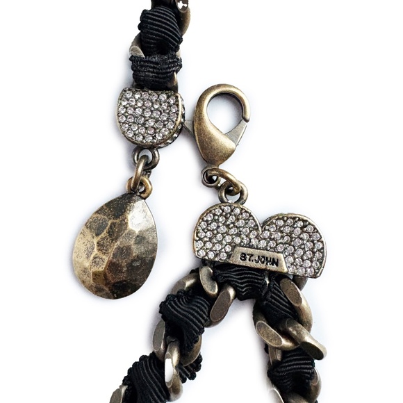St John Chain Belt Black Ribbon and Bronze Metal Chain Rhinestones OSFM Vintage main image 9